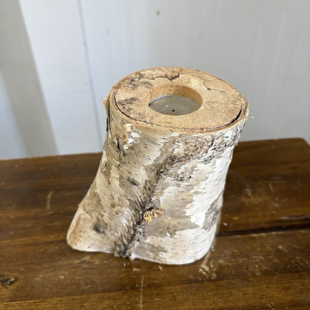 Vtg Rustic Birch Candle Holder Home Decor Carved Natural Wood 5" Cabin Farm